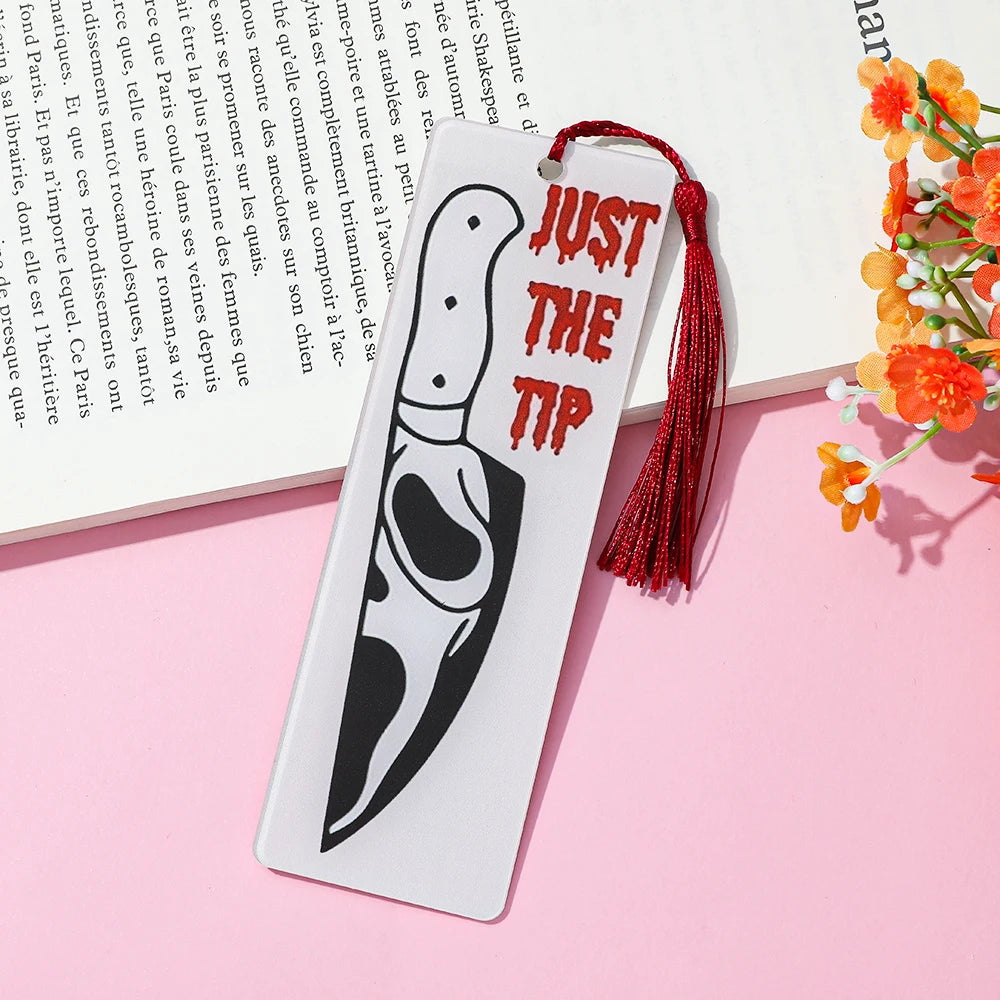 Halloween 1pc horror knife red and white tassel acrylic bookmark