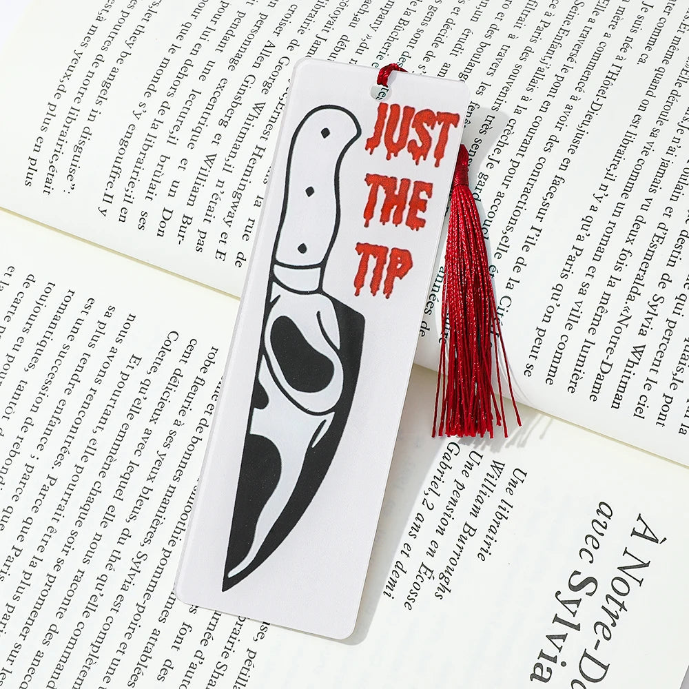 Halloween 1pc horror knife red and white tassel acrylic bookmark