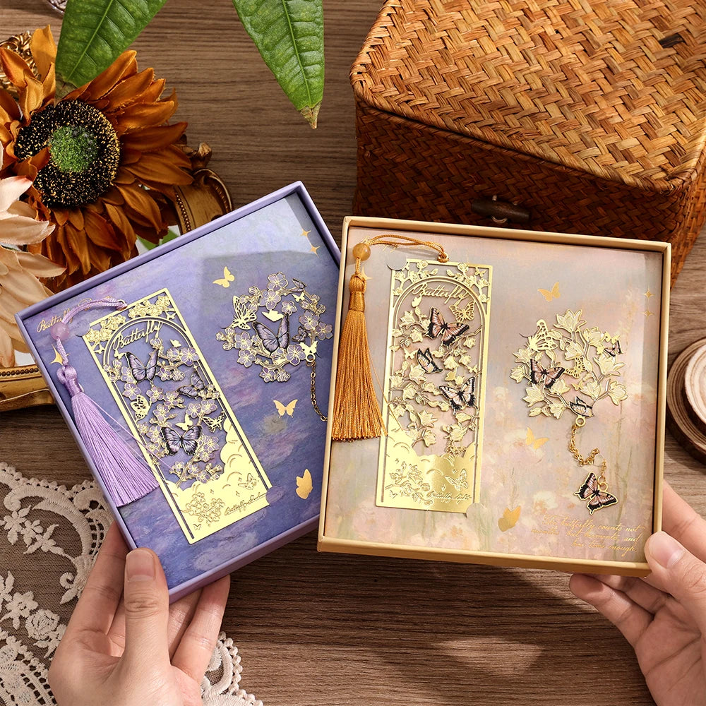 2 Pcs Hollow Flower & Butterfly Metal Bookmarks Set