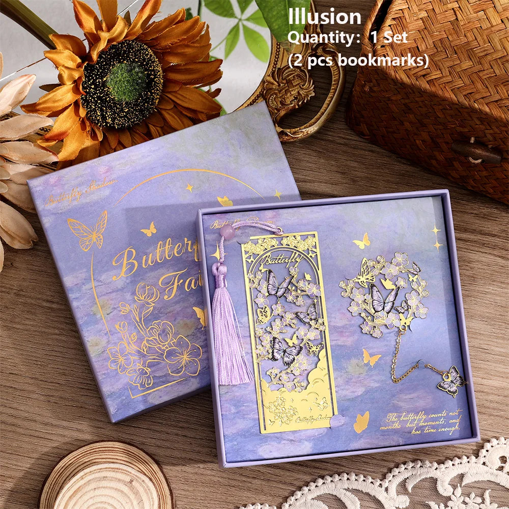 2 Pcs Hollow Flower & Butterfly Metal Bookmarks Set